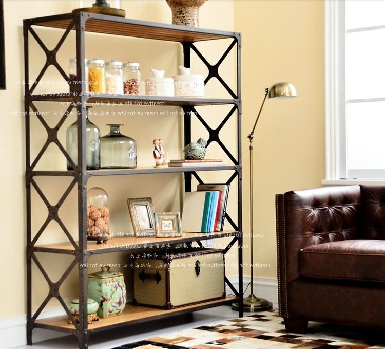 Country Wrought Iron Wood Bookcase Shelf Retro Imitation Rust In Well Known Iron And Wood Bookcases (View 15 of 15)