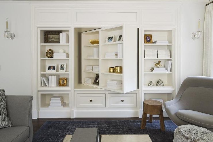 Pivoting Bookcase And Tv Cabinet – Transitional – Living Room In Widely Used Built In Bookcases With Tv (View 4 of 15)