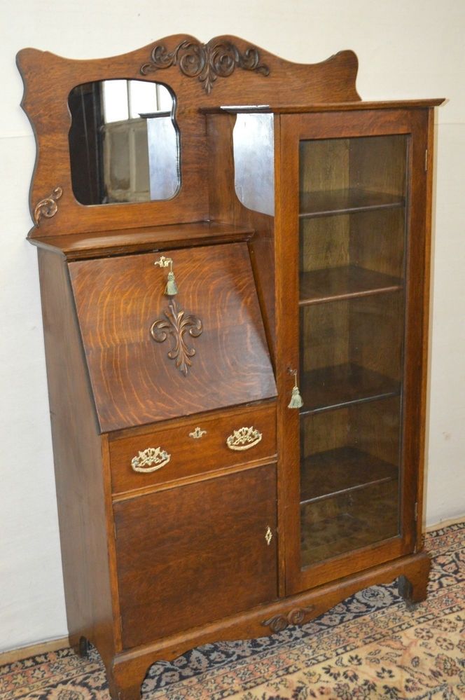 Preferred Larkin Antique 1900's Drop Front Tiger Oak Secretary Desk Side Regarding Antique Secretary Desk With Bookcases (View 2 of 15)