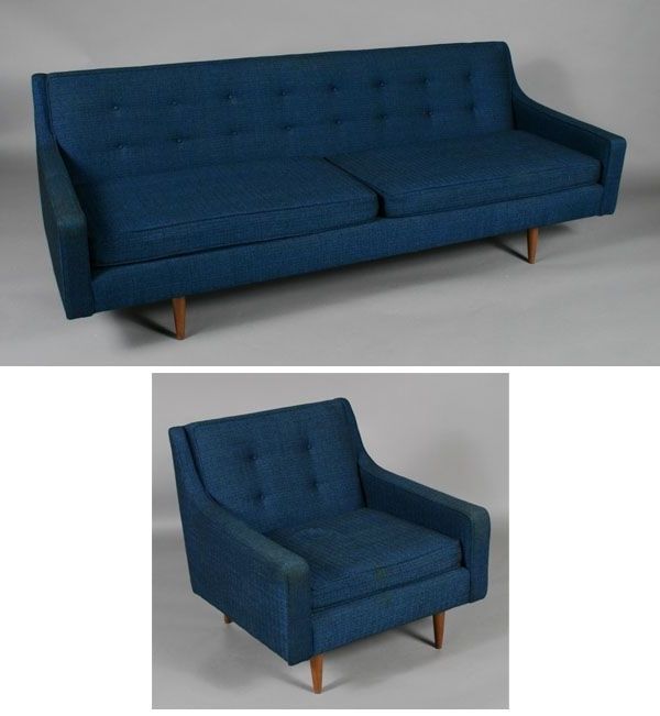 2017 Monarch Furniture Co. Vintage Modern Blue Upholstered Sofa And One Throughout Retro Sofas And Chairs (Photo 5 of 10)