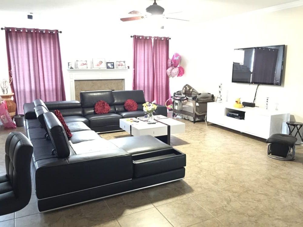 2018 Houston Tx Sectional Sofas Pertaining To Black Sectional Sofa And White Media Table Purchased From Modani (Photo 10 of 10)