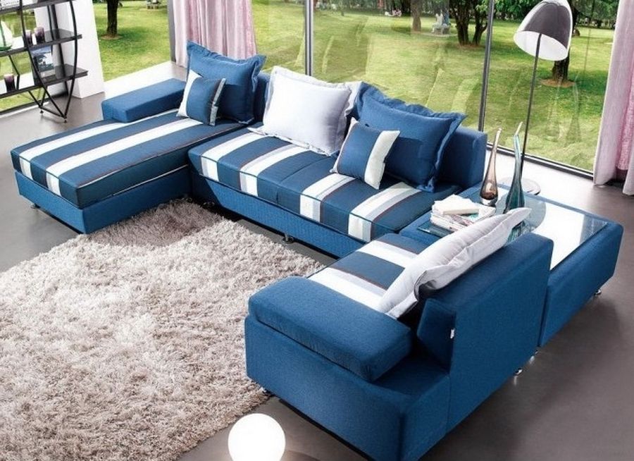 Chic Blue Leather Sectional Sofa U Shaped Couch Living Room With Regard To Newest Blue U Shaped Sectionals (View 3 of 10)