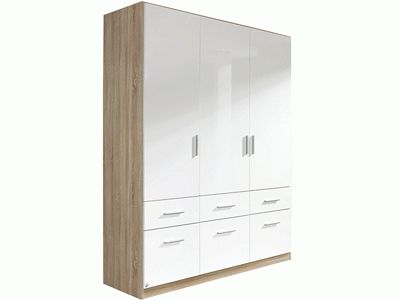 Cleo 3 Door 6 Drawer Wardrobe Oak/white Gloss – Warehouse Intended For Fashionable White 3 Door Wardrobes With Drawers (View 4 of 15)