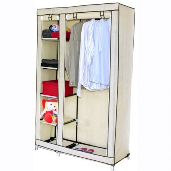 Current Double Clothes Rail Wardrobes Regarding Double Canvas Wardrobe W Hanging Rail & Storage Shelves (View 12 of 15)