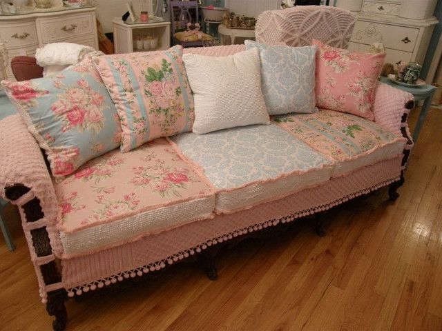 Fashionable Shabby Chic Slipcovered Sofa Vintage Chenille And Roses Fabrics Intended For Shabby Chic Sofas (View 1 of 10)