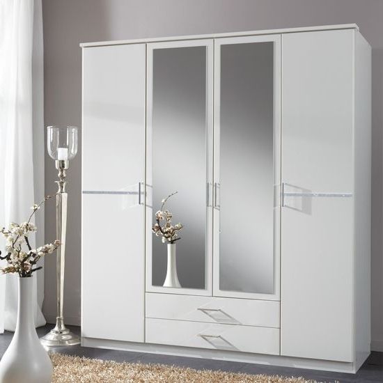 Florence White Wardrobe With Diamante 4 Door 2 Drawer 2 Mirrors Inside Latest White Wardrobes With Drawers And Mirror (View 1 of 15)