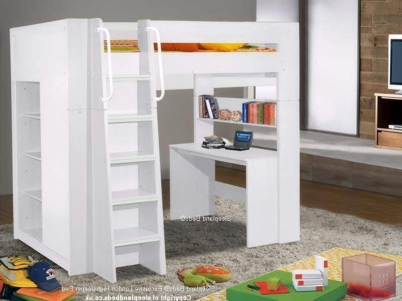 High Sleeper Bed With Wardrobes In Fashionable High Sleeper Bed With Desk, Storage, Wardrobe  Beech Or White (View 7 of 15)