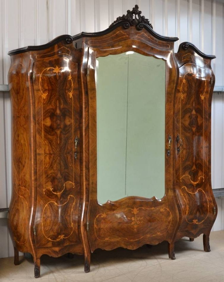 Large, Ornate, Figured Walnut French Antique Bombe Wardrobe In Preferred Ornate Wardrobes (View 4 of 15)
