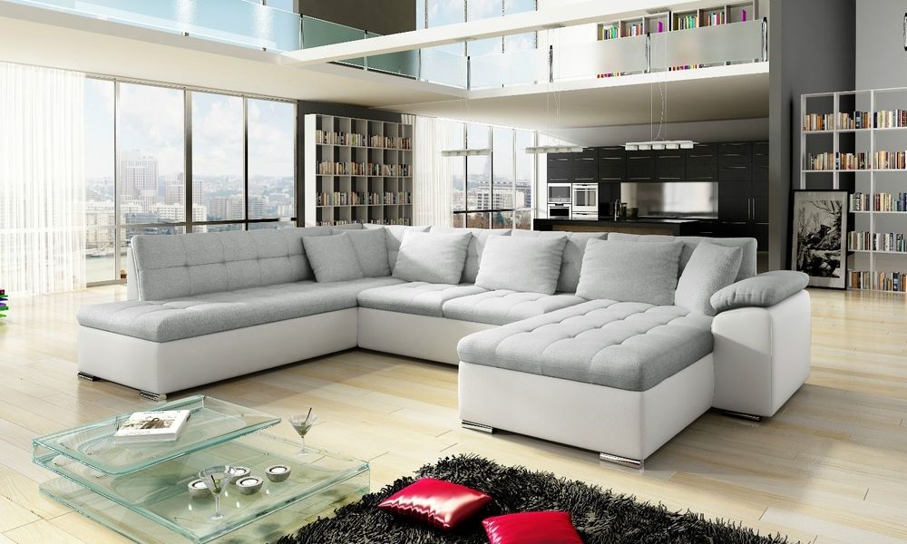 Latest New Scafati Fabric And Leather Corner Sofa With Bed In Black Grey Pertaining To White Leather Corner Sofas (View 9 of 10)