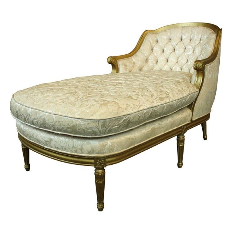 Vintage French Louis Xvi Gold Painted Upholstered Chaise Lounge At Pertaining To Latest Antique Chaise Lounges (View 10 of 15)