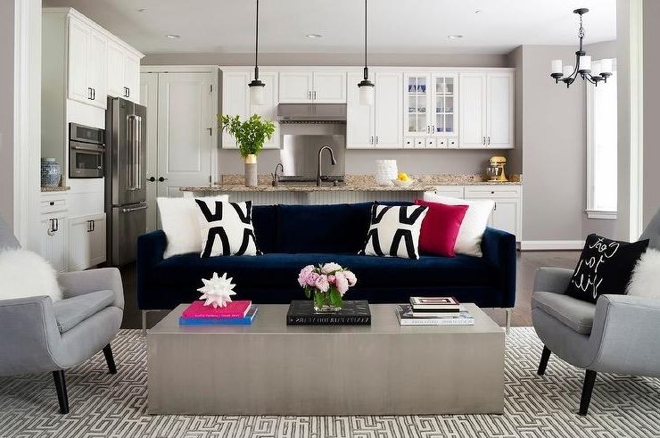 Well Liked Dark Blue Velvet Sofa With Black And White Pillows – Contemporary Within Blue Sofa Chairs (View 10 of 10)