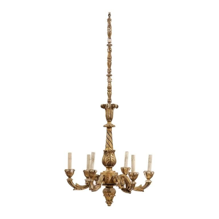 French Six Light Gilded Wood Chandelier With Tall Extension And Aged Inside Well Known French Wooden Chandelier (View 9 of 10)