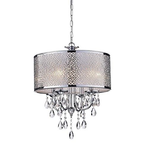 Most Popular 4 Light Chrome Crystal Chandeliers Intended For Indoor 4 Light Chrome/ Crystal/ White Shades Chandelier – – Amazon (View 5 of 10)