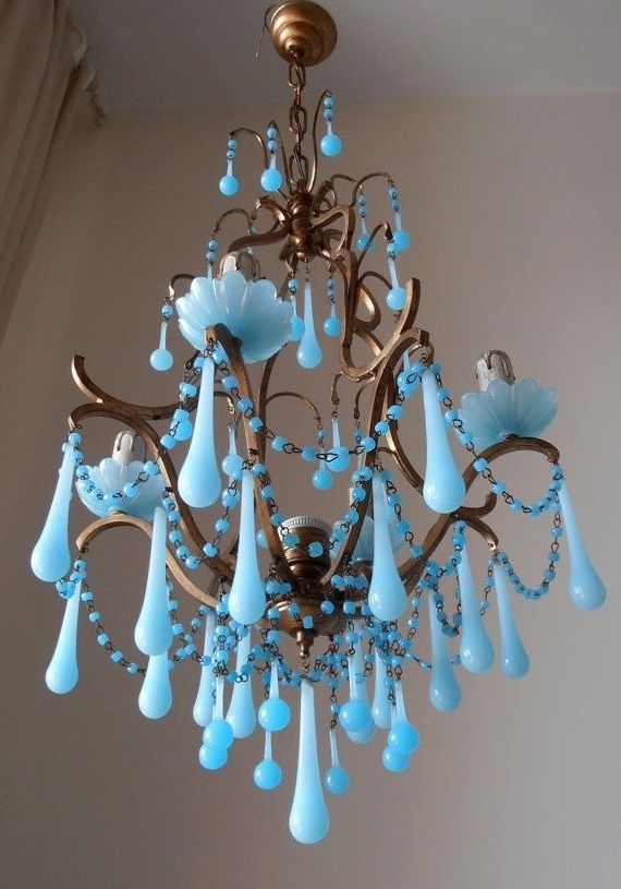 Rare Vintage Italian Brass Gilded Aqua Blue Opaline Birdcage Crystal Pertaining To Well Known Turquoise Blue Glass Chandeliers (View 9 of 10)