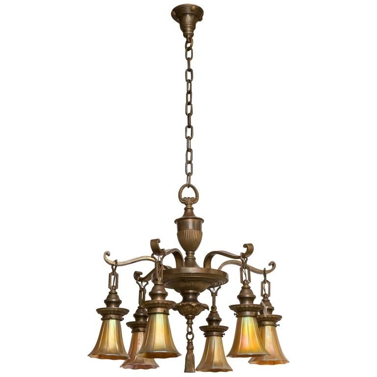Six Arm Bronze Edwardian Chandelier With Art Glass Shades For Sale Throughout Well Known Edwardian Chandelier (View 9 of 10)