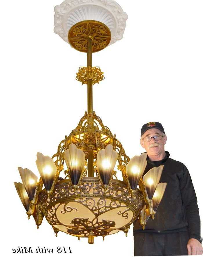 Well Known Vintage Hardware & Lighting – 36 1/2" Large Art Deco Chandelier 14 With Regard To Large Art Deco Chandelier (Photo 1 of 10)