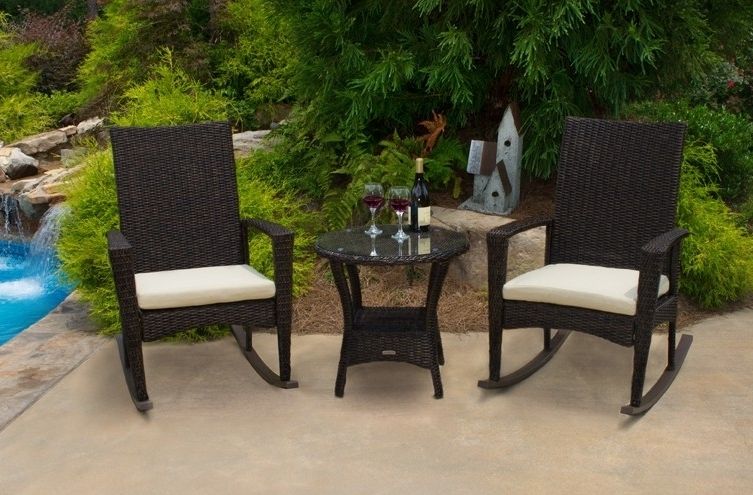 Patio Rocking Chairs With Cushions Inside Recent Bayview Rocking Chair 3 Piece Set In Pecan Wicker (View 10 of 20)