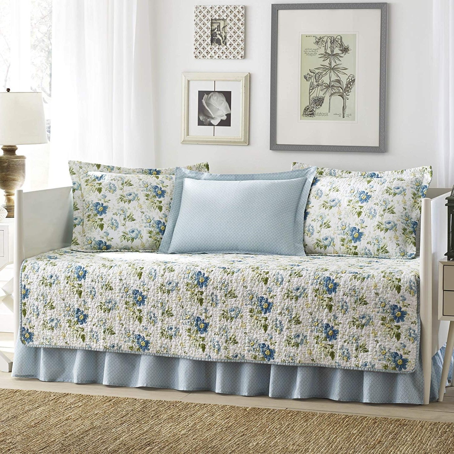 Amazon: Laura Ashley 5 Piece Peony Garden Blue Daybed Cover Set Throughout Trendy Garten Delft Skirted Side Chairs Set Of 2 (Photo 5 of 20)