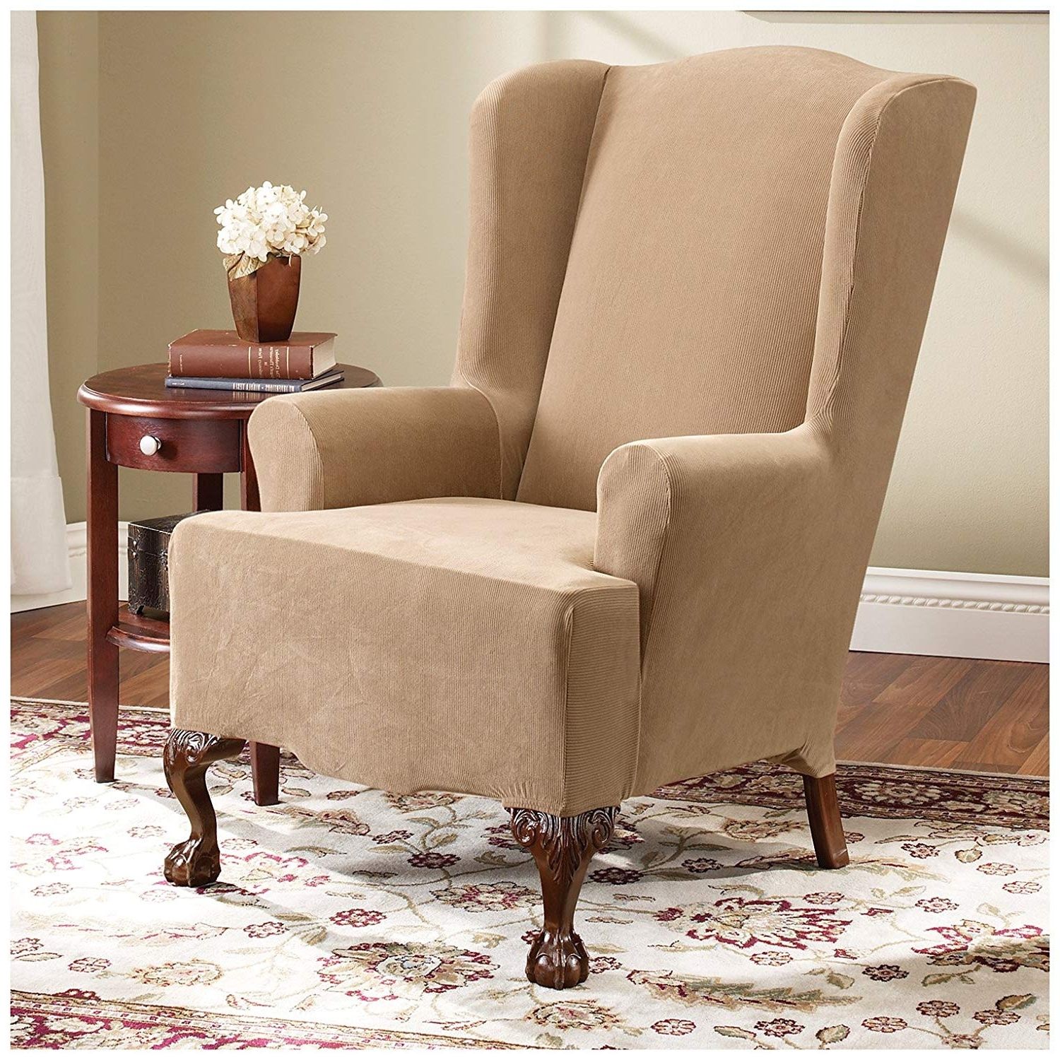 Pearson Grey Slipcovered Side Chairs Pertaining To Fashionable Amazon: Sure Fit Stretch Pearson Wing Chair Slipcover, Dark Flax (View 8 of 20)