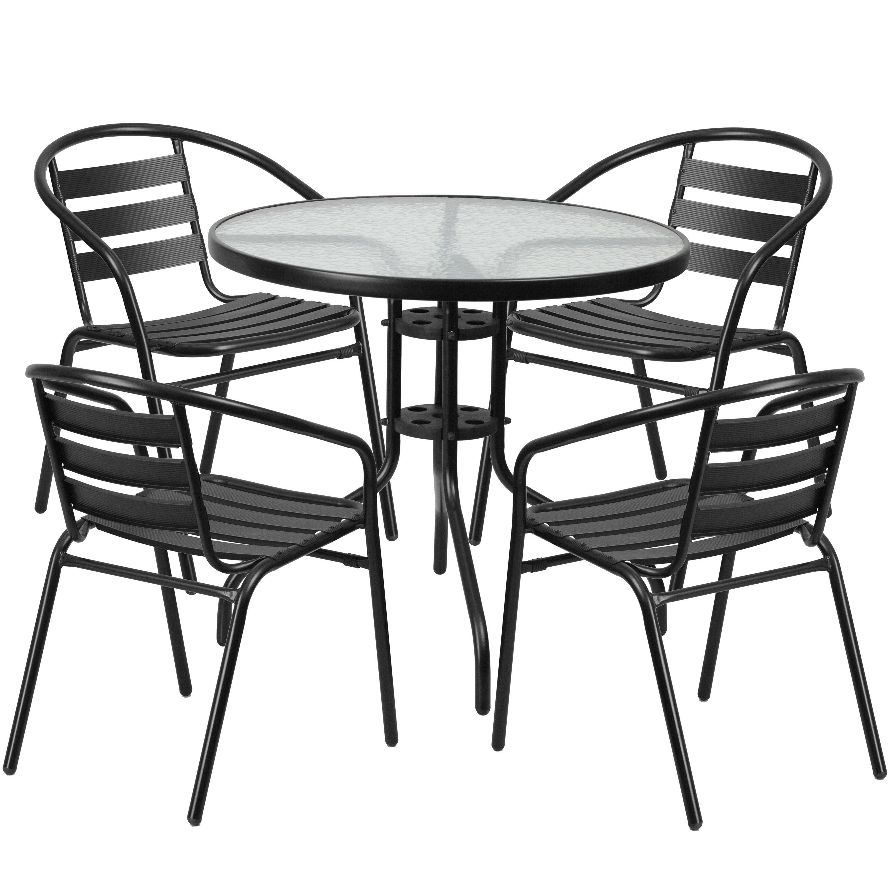 Shop 31.5 Inch Round Glass Metal Table With 4 Aluminum Slat Stack Pertaining To Newest Candice Ii Slat Back Host Chairs (Photo 10 of 20)