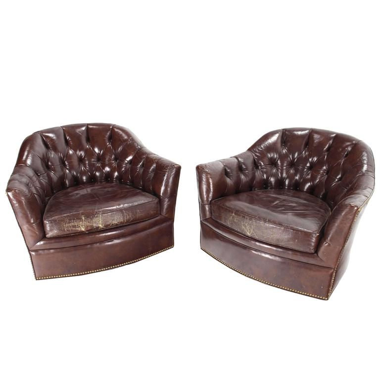 2018 Pair Of Brown Shiny Leather Swivel Chairs Tufted Chesterfield Backs Pertaining To Chocolate Brown Leather Tufted Swivel Chairs (View 7 of 20)