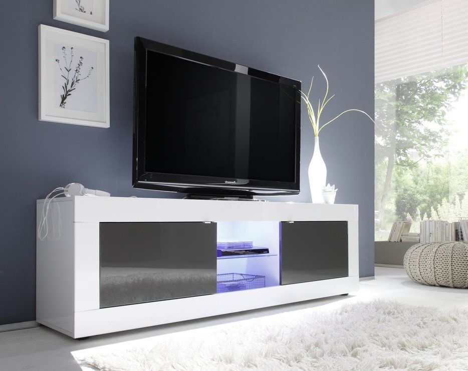 Big Tv Cabinets Inside Trendy Basic Collection Big Tv Unit Including Led Spot Light – Gloss White (Photo 8 of 20)