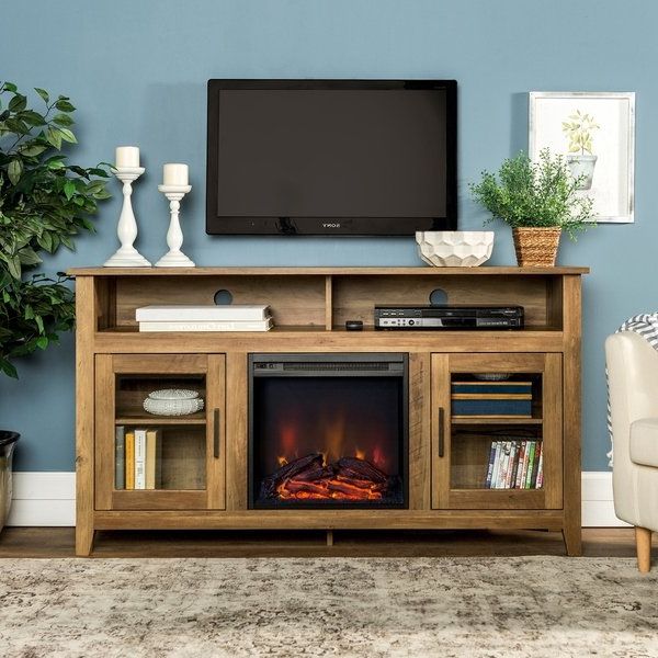 Shop 58 Inch Wood Highboy Fireplace Tv Stand – Rustic Oak – Free Intended For Most Current 61 Inch Tv Stands (View 11 of 20)