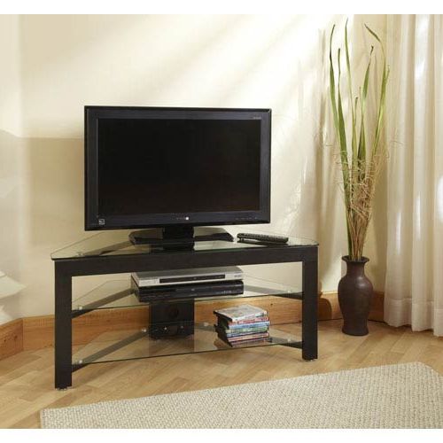 2017 Convenience Concepts Black Wood Grain And Glass Corner Tv Stand Tv Pertaining To Unique Corner Tv Stands (View 19 of 20)