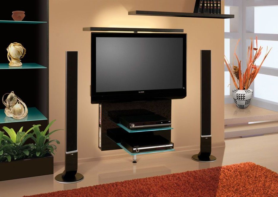 2017 Floating Glass Tv Stands Intended For Furniture. Black Acrylic Floating Tv Stand Mixed With Two Glass (Photo 3 of 20)