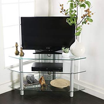 2017 Triangular Tv Stands For Amazon: Walker Edison 44" Glass Corner Tv Stand, Silver: Kitchen (View 13 of 20)
