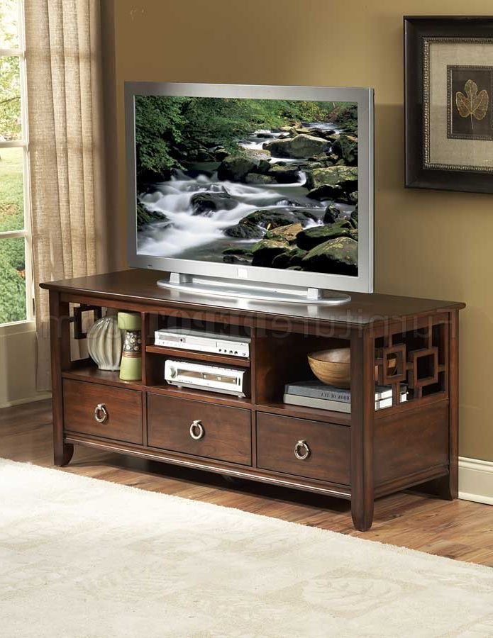 Cherry Finish Contemporary Tv Stand W/3 Drawers & Shelves Pertaining To Widely Used Tv Stands With Drawers And Shelves (Photo 11 of 20)