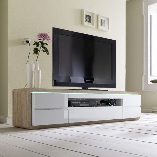 Hardwood Tv Stands Pertaining To Most Up To Date Frame Plasma Tv Stand In Oak And White High Gloss With 5 Drawers (Photo 18 of 20)