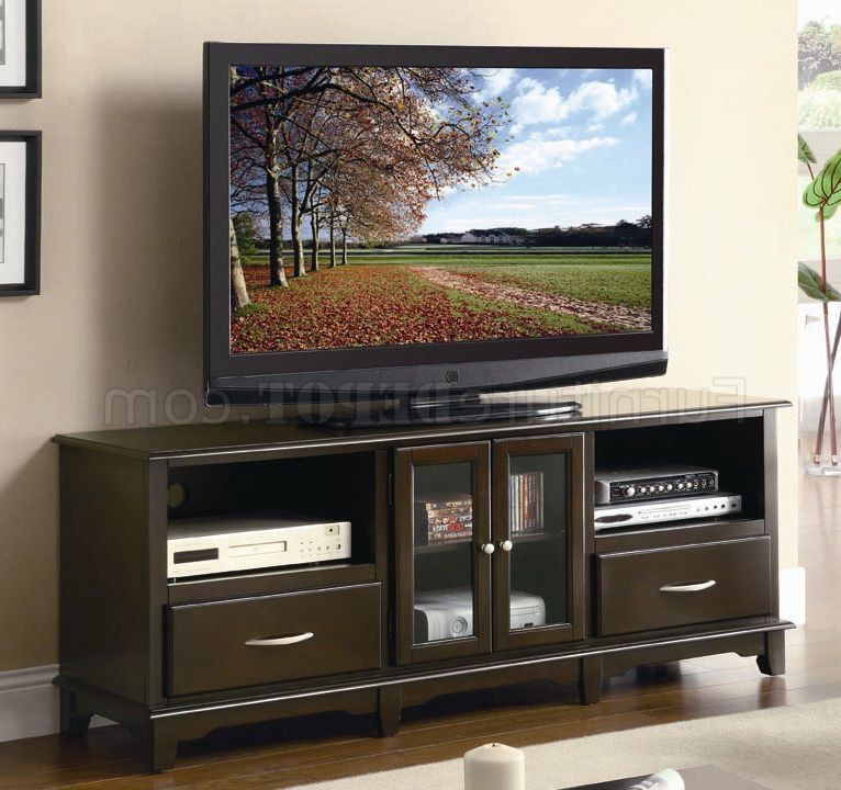 Most Popular Glass Front Tv Stands With Regard To Cappuccino Finish Modern Tv Stand W/glass Front Doors (Photo 9 of 20)