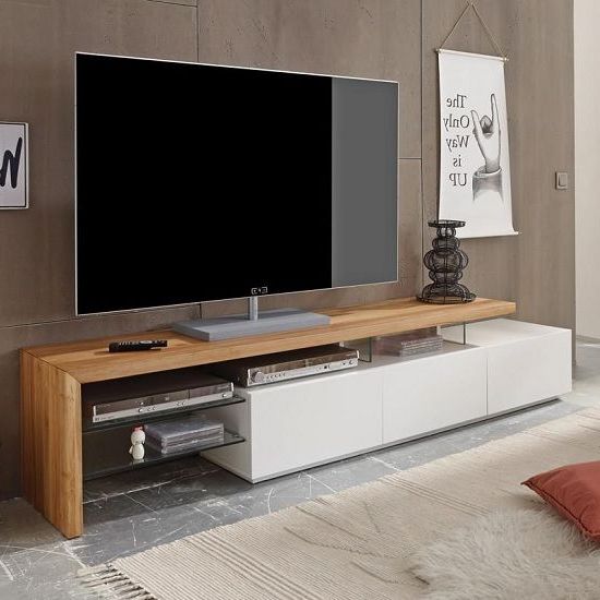 Most Up To Date Modern Tv Stands For Alanis Modern Tv Stand In Knotty Oak And Matt White With 3 Drawers (View 6 of 20)