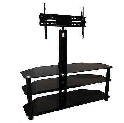 Mountright Black Glass Cantilever Tv Stand 42 – 65" 3 Shelf Swivel With Regard To Current Swivel Black Glass Tv Stands (View 17 of 20)