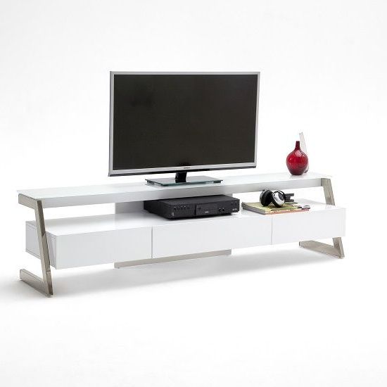 Newest Black Tv Cabinets With Drawers Throughout Albans Glass Lcd Tv Stand In White With High Gloss And 3 Drawers (Photo 13 of 20)