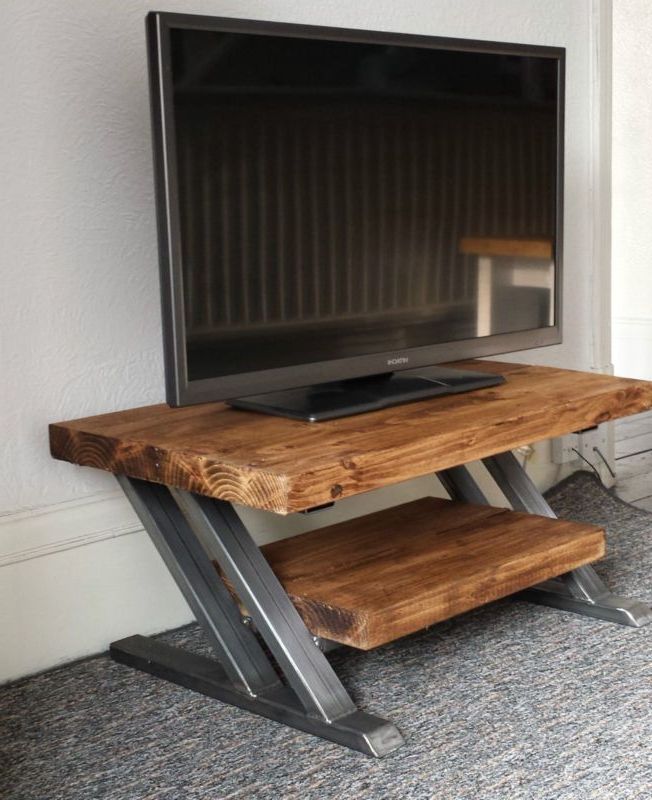 Newest Rustic Oak Tv Stand Unit Cabinet Metal Z Frame Design Industrial Inside Metal And Wood Tv Stands (View 1 of 20)