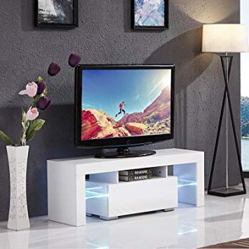 Recent Amazon: Mecor Modern White Tv Stand, 51 Inch High Gloss Led Tv Regarding High Gloss White Tv Stands (View 18 of 20)