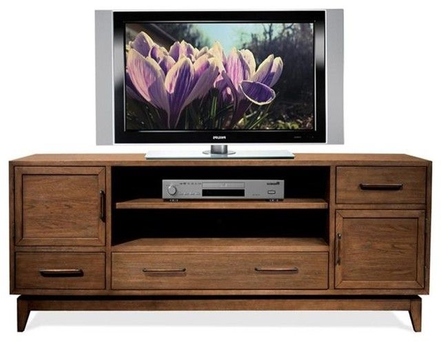 Rowan 74 Inch Tv Stands In Favorite Riverside Furniture Vogue 74" Tv Stand, Plymouth Brown Oak (View 5 of 20)