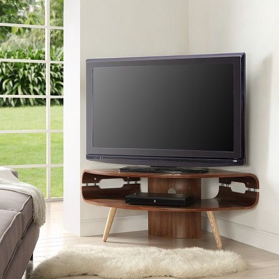 Tv Stands For Corner Intended For Trendy Marin Corner Tv Stand In Walnut And Solid Ash Spindle Shape Legs (View 11 of 20)