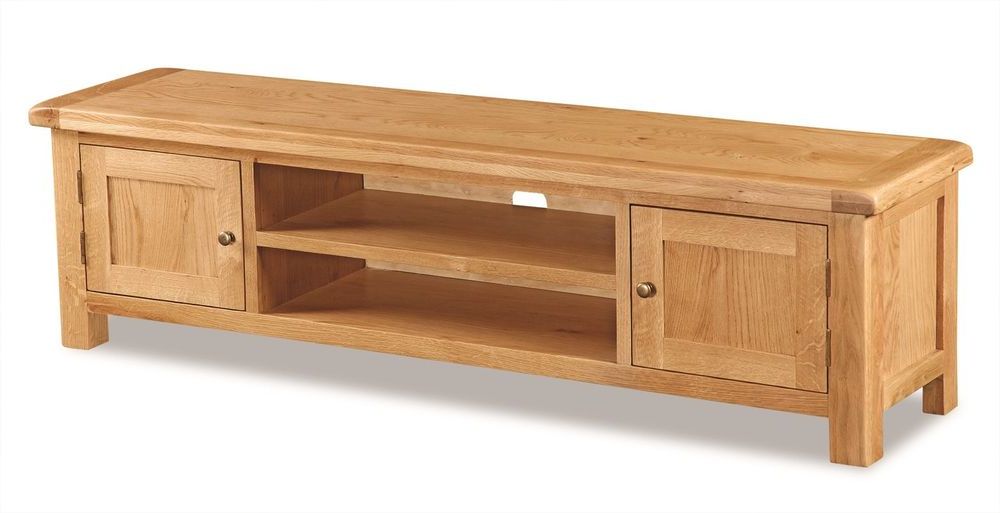 Well Known Low Oak Tv Stands Throughout Zelah Oak Large Low Line Tv Unit / Large 180cm Chunky Oak Tv Stand (View 5 of 20)