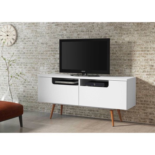 Well Liked White And Wood Tv Stands Pertaining To Shop Ideaz International Jensen White Satin Wood Tv Stand – On Sale (View 1 of 20)