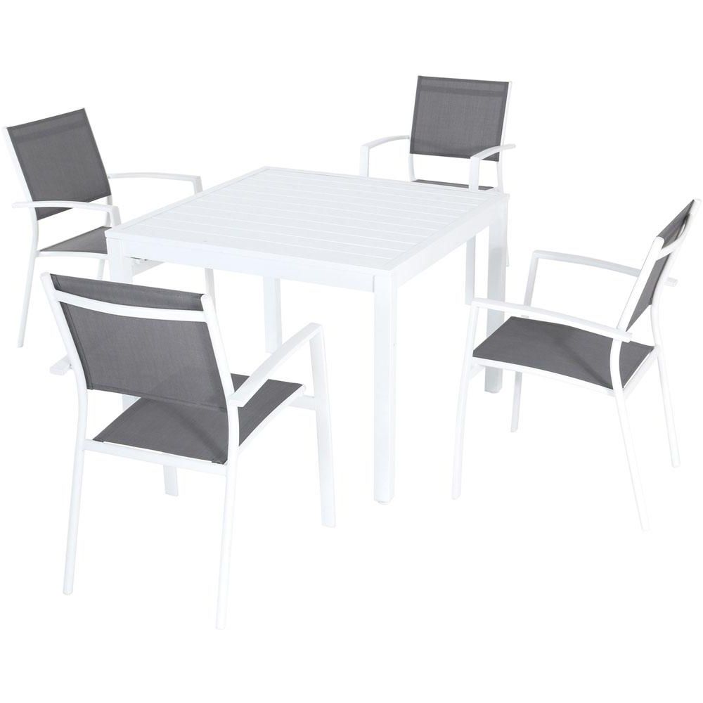 Hanover Del Mar 5 Piece Aluminum Outdoor Dining Set With 4 Sling Arm Chairs  And A 38 In. Square Dining Table Throughout Most Recent Delmar 5 Piece Dining Sets (Photo 4 of 20)