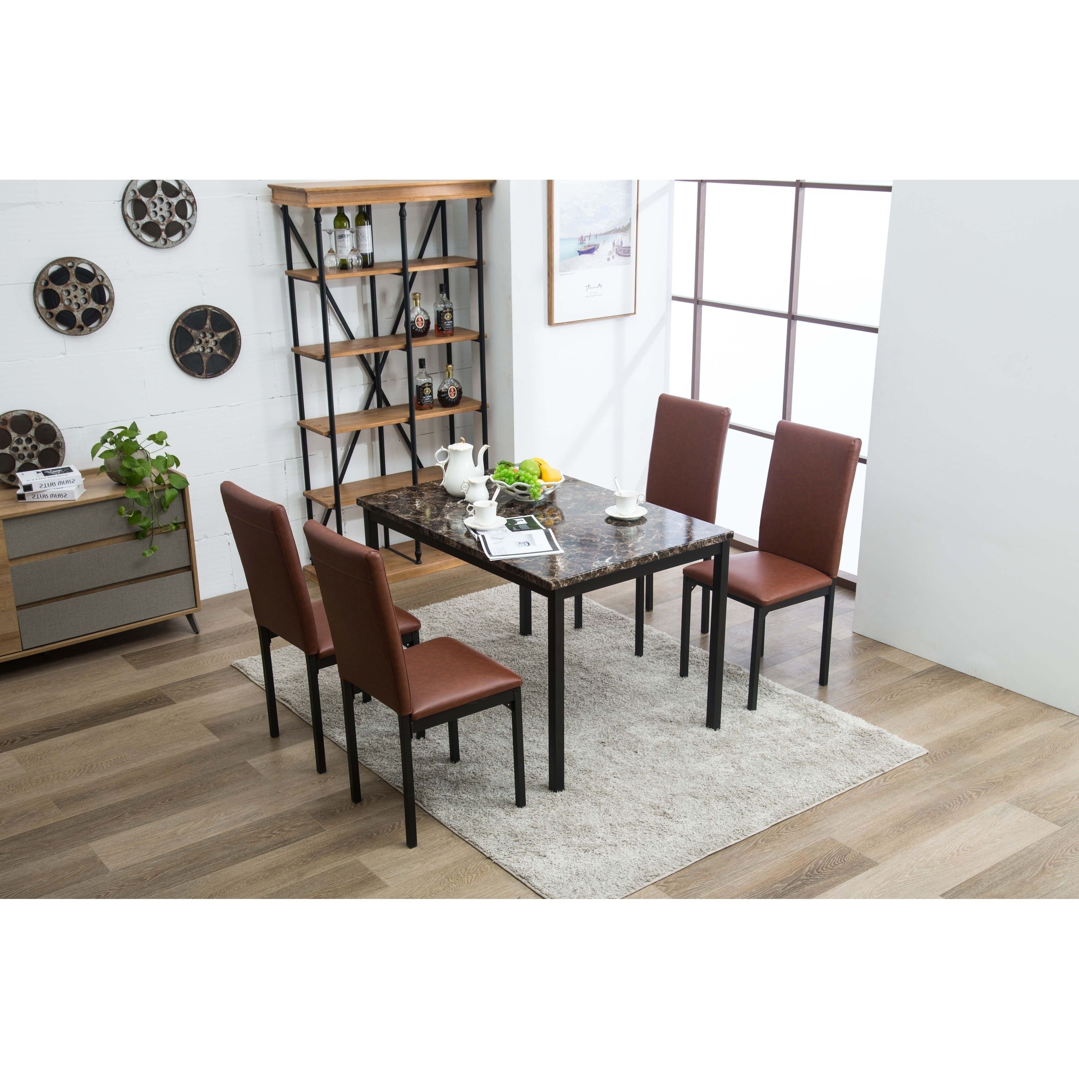 Recent Arjen 5pc Upholstered Faux Leather Faux Marble Dining Room Set In Kieffer 5 Piece Dining Sets (View 15 of 20)