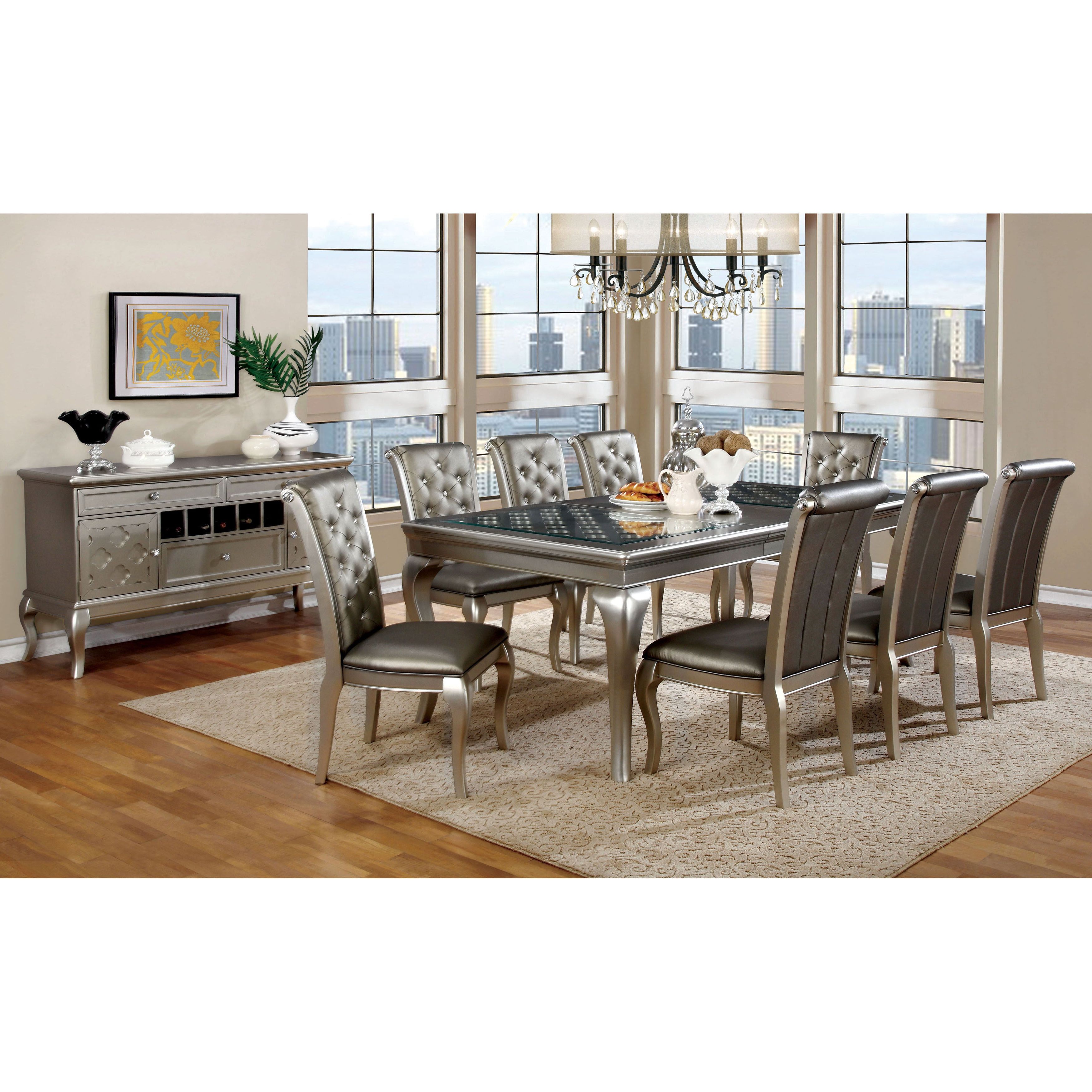 Valencia Transitional 9 Piece Champagne Gold Dining Table With Leaf Set Foa In Newest Amir 5 Piece Solid Wood Dining Sets (set Of 5) (View 3 of 20)