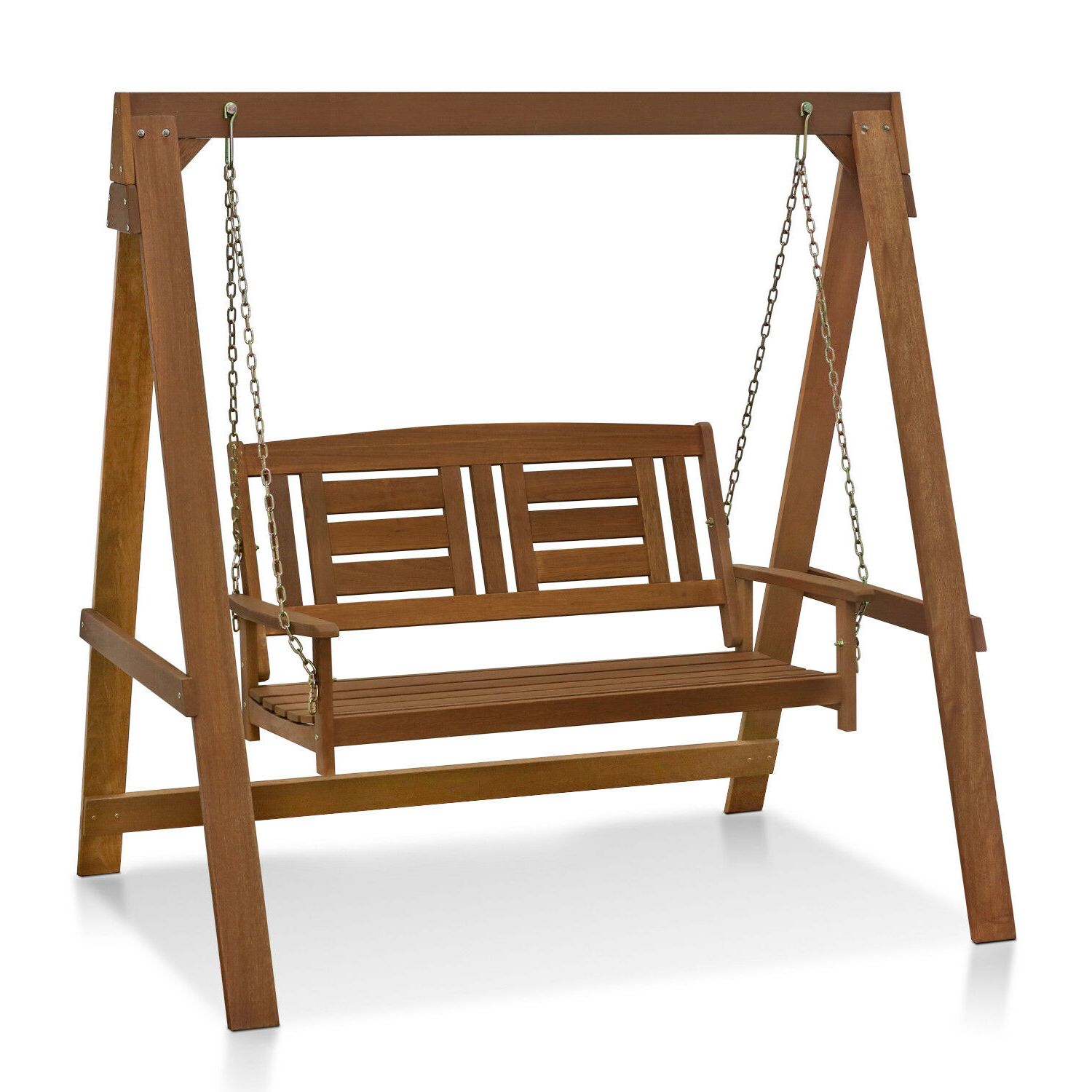 2 Person Light Teak Oil Wood Outdoor Swings Inside Well Known Furinno Tioman Hardwood Hanging Porch Swing With Stand, Brown (View 4 of 30)