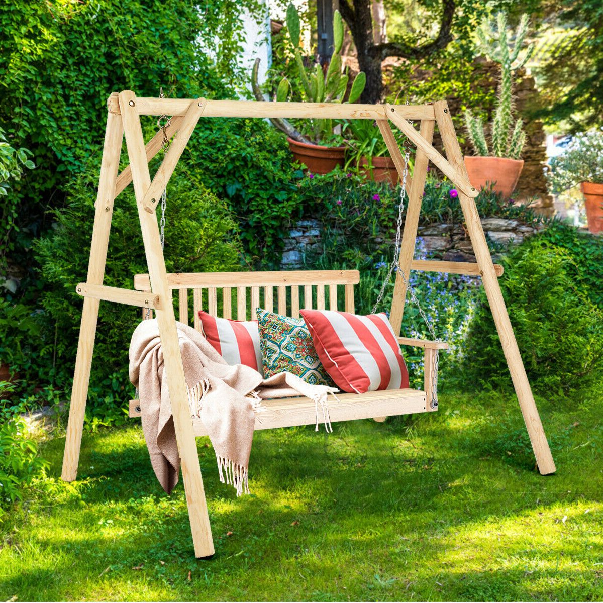 3 Person Natural Cedar Wood Outdoor Swings Intended For Fashionable Costway 4 Ft Porch Swing Natural Wood Garden Swing Bench (View 22 of 30)