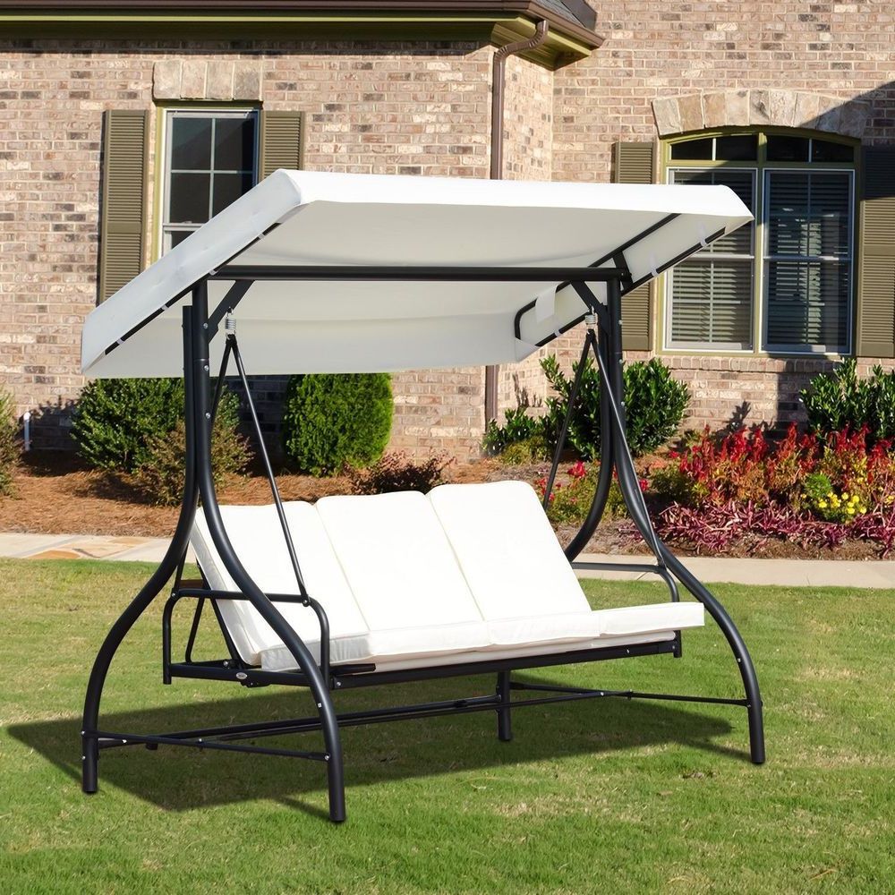 3 Seater Swings With Frame And Canopy Pertaining To Preferred Garden Swing Chair 3 Seater Black Metal Frame White Canopy (View 1 of 30)