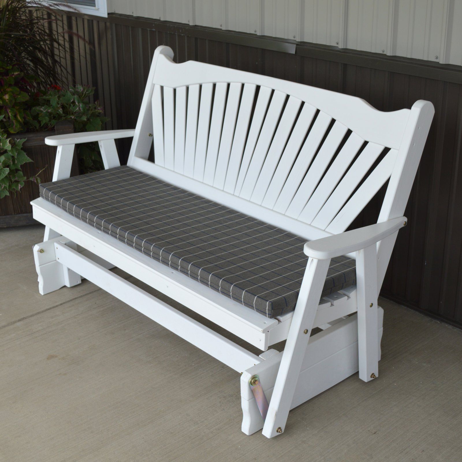 A & L Furniture Yellow Pine Fanback Outdoor Bench Glider Oak In Favorite Fanback Glider Benches (Photo 5 of 30)