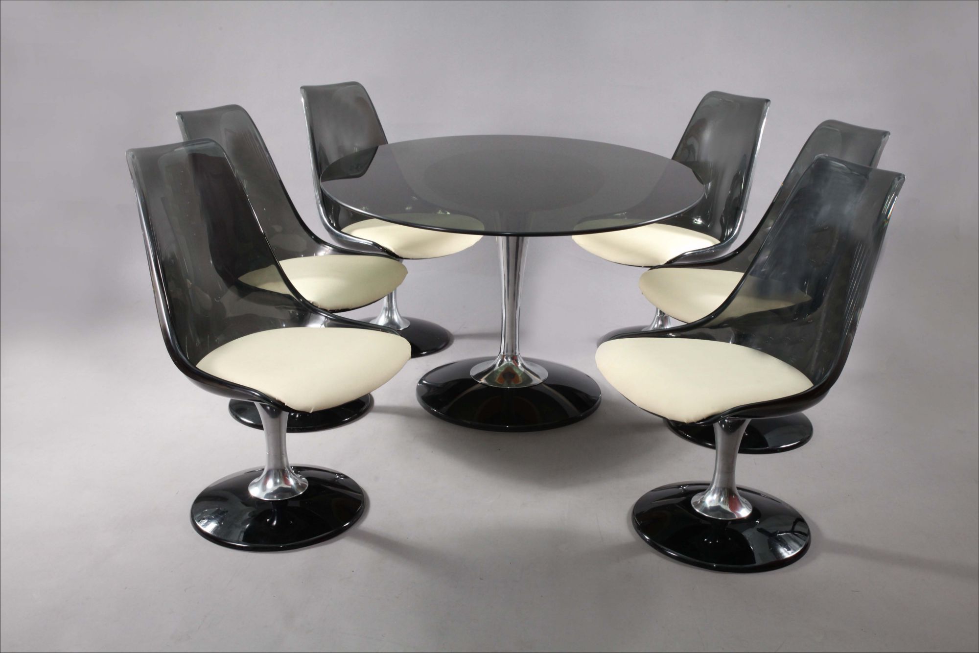 Current Chromcraft Smoke Lucite Dining Set: Six Swiveling Tulip Inside Smoked Oval Glasstop Dining Tables (View 24 of 30)